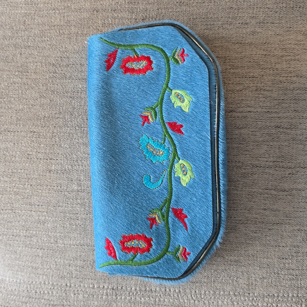 RARE Francisco Biasia Vintage 70s Blue Calfskin Floral Shoulder Bag Or Clutch